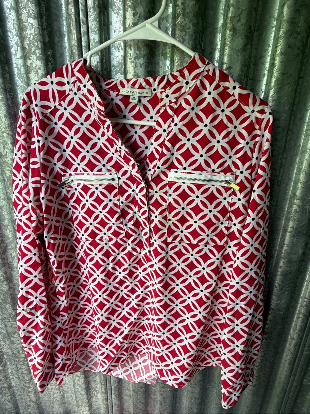 Notations Red & White Circular-Print Zip-Pocket Top